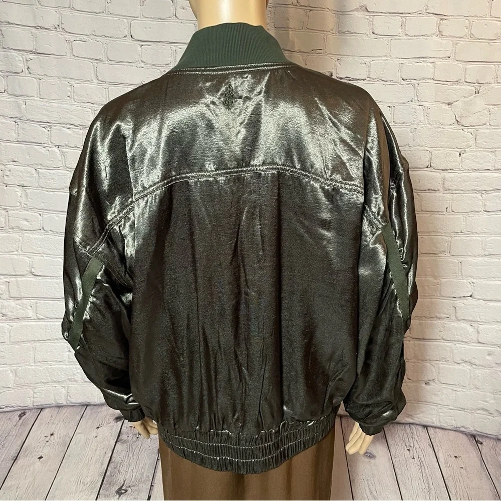 New Free People Movement Relay Zip-Up Olive Satin Bomber Jacket Size M